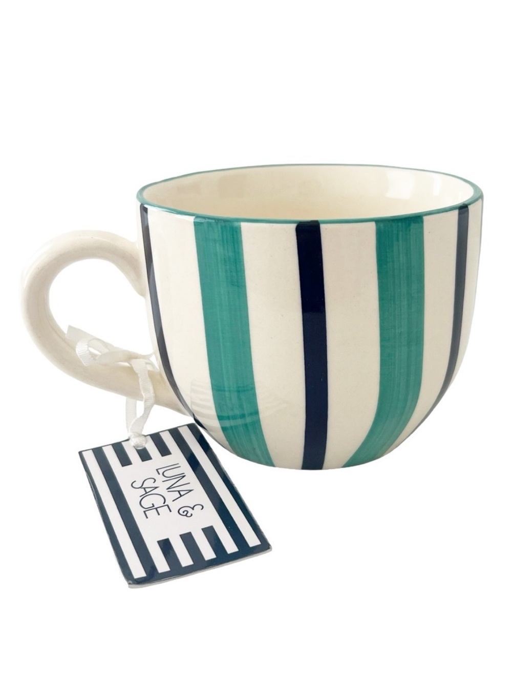 Luna & Sage Hand Painted Striped Ceramic Mug Teal Navy NWT